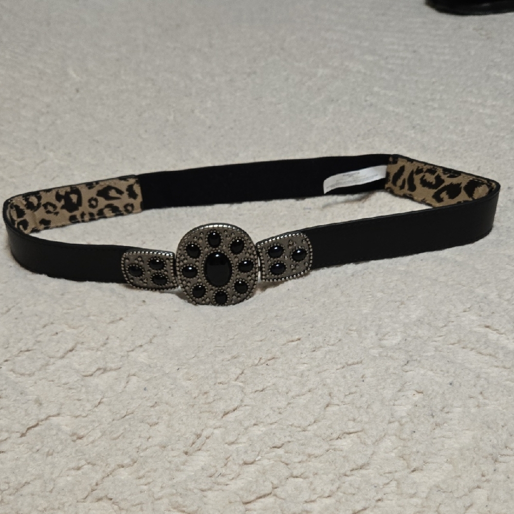 Betsey Johnson Black Belt with Silver Buckle and Leopard Accent